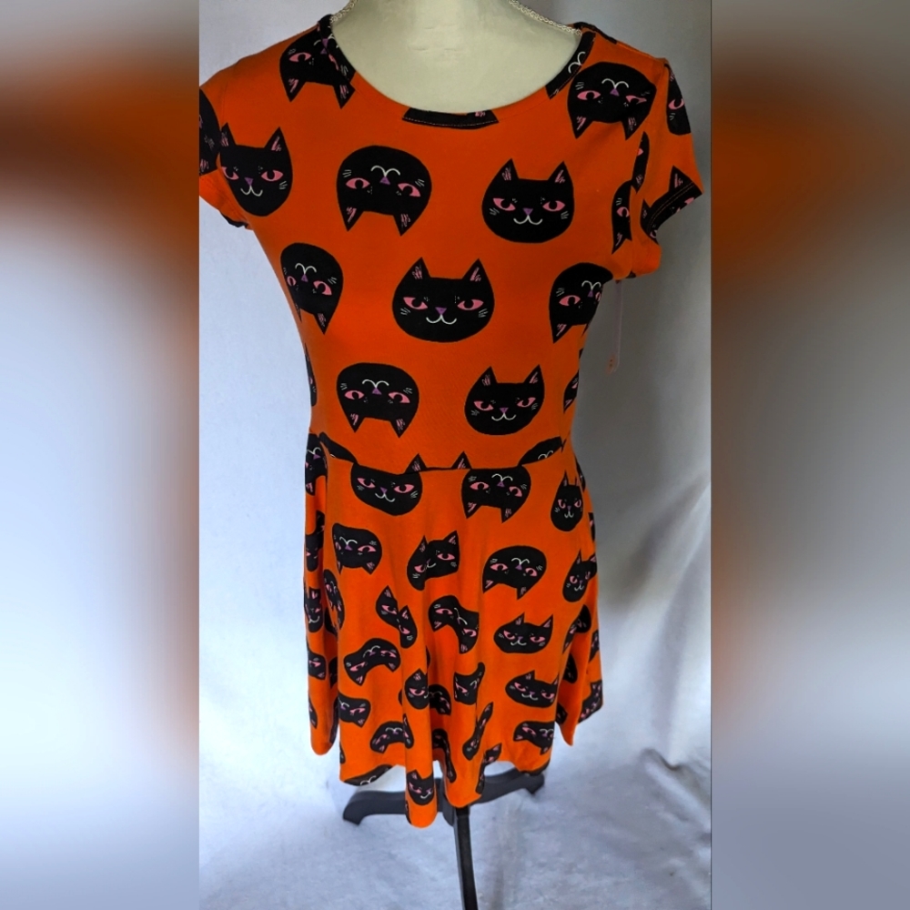Halloween Dress Cat & Jack Orange w/ Black Cat Heads Short Sleeves